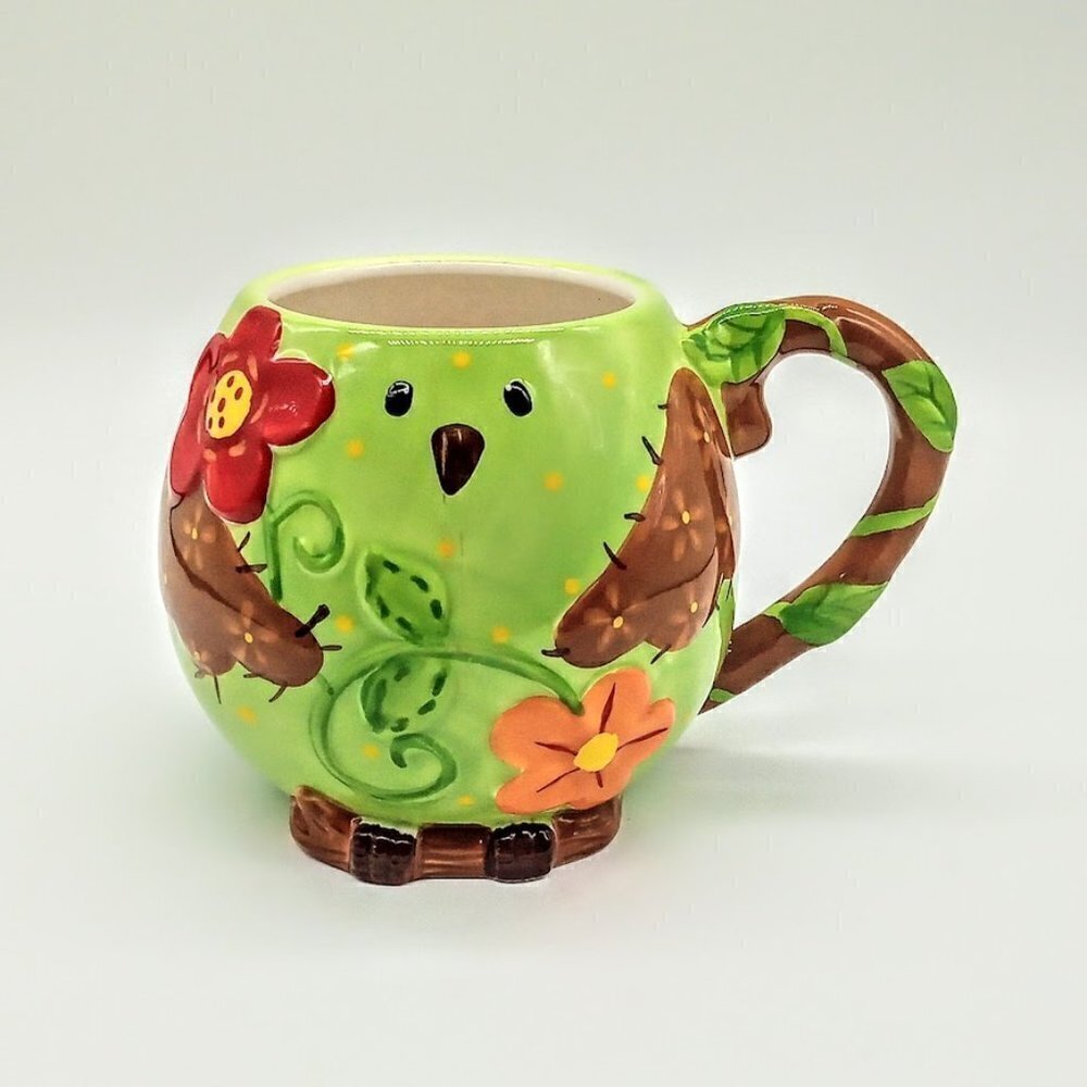Pier 1 Imports Hand-Painted Green Owl Bird Floral Ceramic Mug
